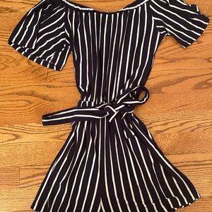 White & Navy Off the Shoulder Romper